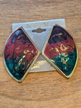 Vintage 1980's K&M Gold-tone Earrings With Teal/Purple/ + Red Enamel Swirling